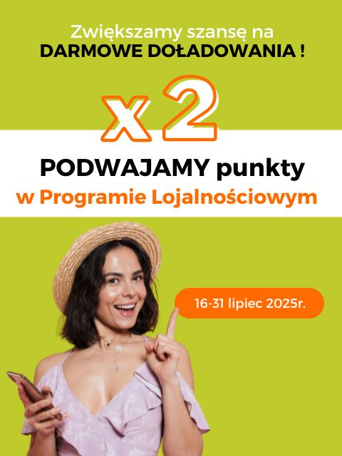 Od 16 do 31 lipca za każde doładowanie karty telegrosik zarejestrowanej w Programie Lojalnościowym dostaniesz aż dwa razy więcej punktów.
